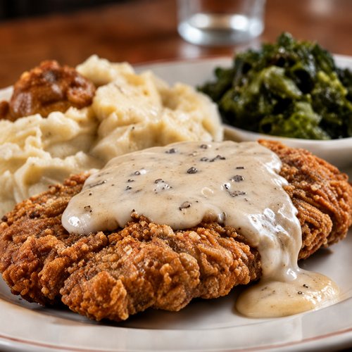Country fried steak with gravy, mashed potatoes and greens